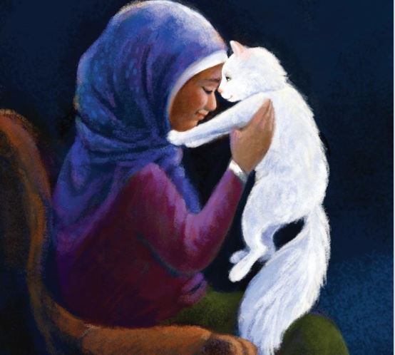 Illustration. Women wearing hijab holding cat.