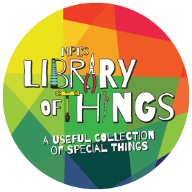 Library of things logo on a rainbow background.