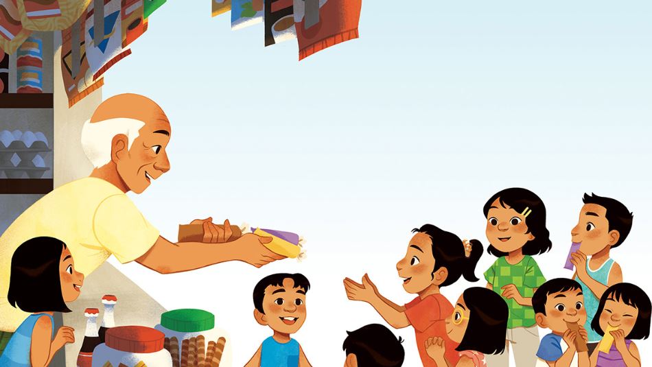 Illustration of man speaking to children.