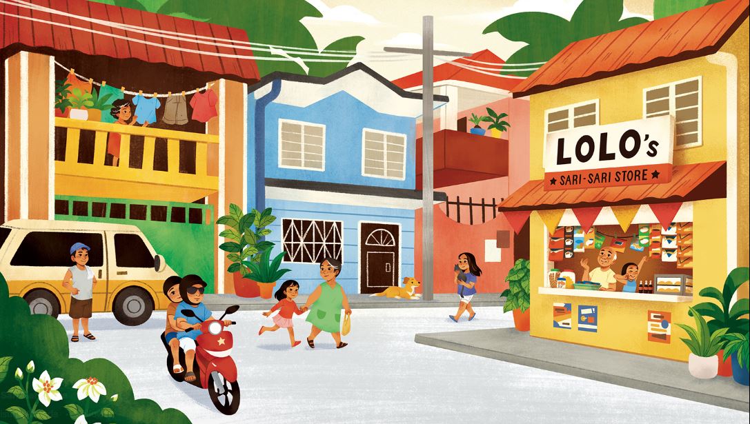 Illustration of neighborhood with a shop and cars.