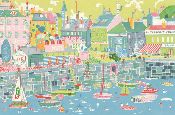Painting of a harbor.