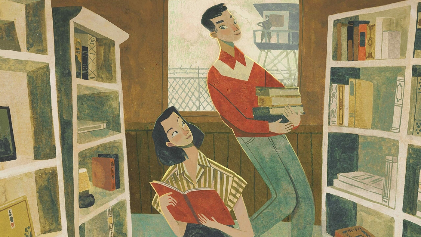 Illustration. A man stands studying a book shelf. A woman kneels whilst reading open book.
