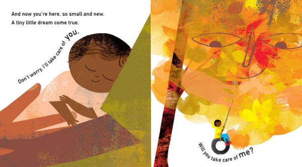 Illustration. Man plants seeds. Tree drops leaves.