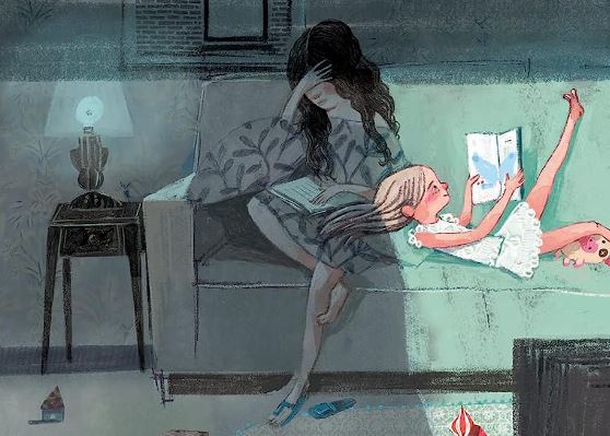 A haunting digital painting of a shadowy, tall figure standing over a person lying on a bed, illuminated by the glow of a tablet in a dark room.