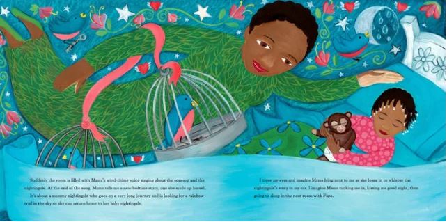 A whimsical illustration of a child in a pink shirt resting on a blue bed while a giant, smiling green figure floats dreamily above them in