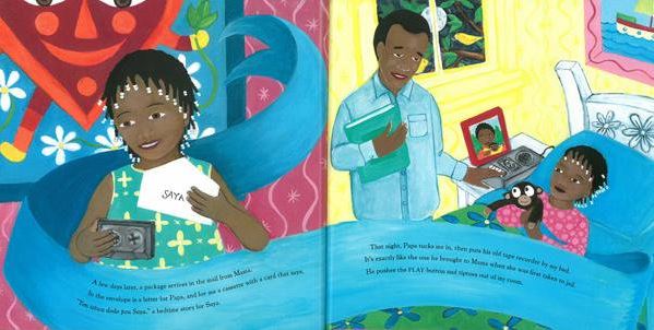 Colorful book illustration of a young boy in bed being visited by a doctor, while a swirling blue ribbon connects to him on the opposite page.