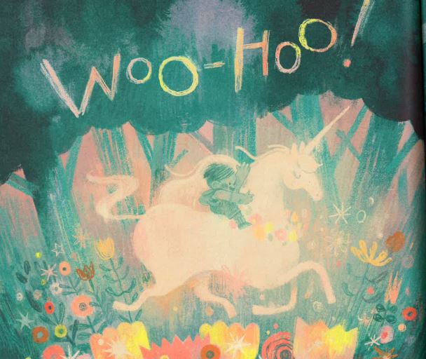 A whimsical illustration of a white unicorn leaping through a field of colorful flowers with the joyful text "Woo-Hoo!" written above.