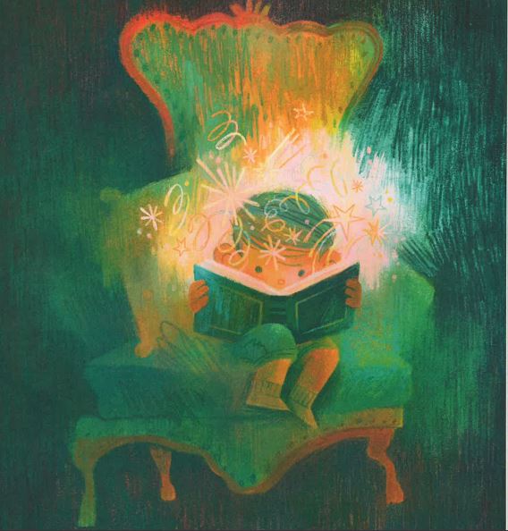 A glowing, magical open book rests on a green armchair, emitting a bright light that illuminates a mystical, forest-like atmosphere.