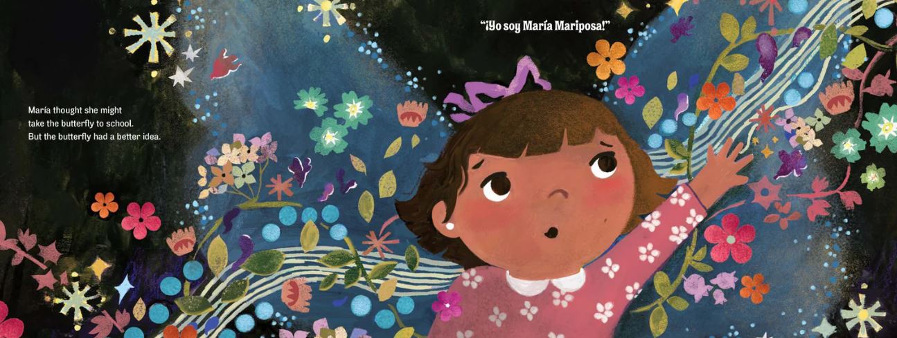 Illustration from picture book. Child pointing. Caption reads Yo soy María Mariposa