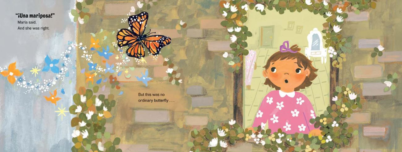 Illustration. From Picture book titled, Mariposa. Dialogue reads "!una mariposa!"