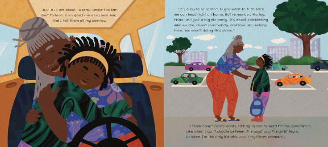 Illustration from picture book. Older woman helping younger lady drive a car.