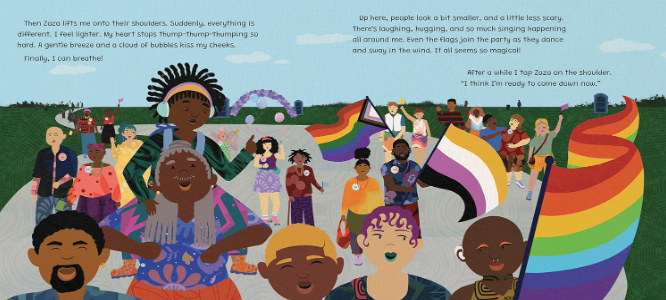 Illustration from picture book. Diverse crowd of people appearing to sing or chant. People hold rainbow flags.