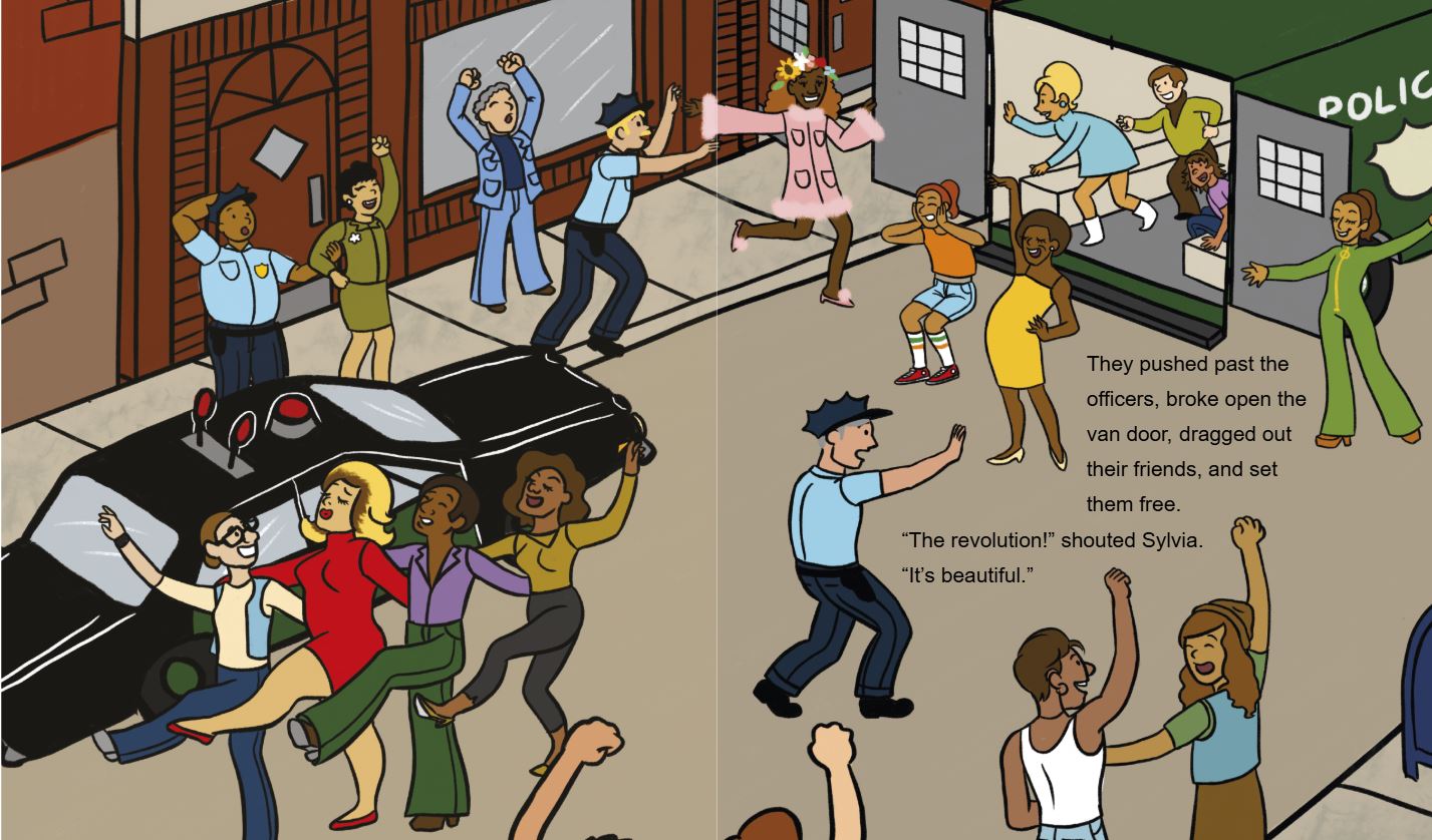 Two illustrated pages from picture book. Scene of traffic stopped in an urban district.