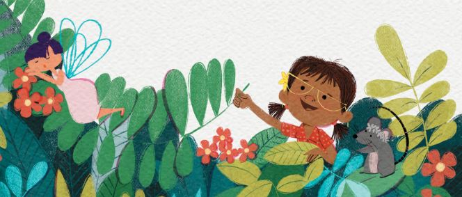 Two page layout from picture book. Ilustration of children amongst plants.