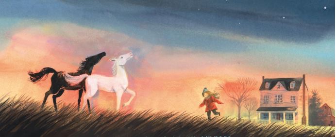 Illustration. Two horses. A child in a field, with farmhouse. 