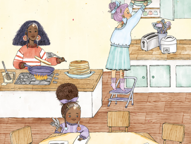 Illustration. Black girl does homework at kitchen table. Black woman cooks pancakes on a range. White young adult puts away dishes.