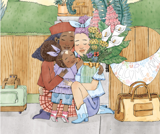 Illustration. Black child hugs black woman and white woman. Suitcases in front of a fence.