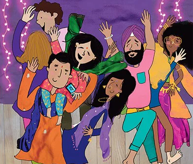 Illustration from picture book. People dancing at Diwali celebration.