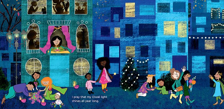 Illustration from picture book. People greet each other while celebrating Diwali. Captioned "I pray that my Diwali light shines all year long."
