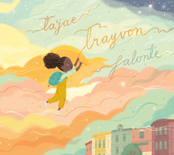 An illustration of a girl soaring over a city, holding onto a ribbon that spells out names in the clouds.