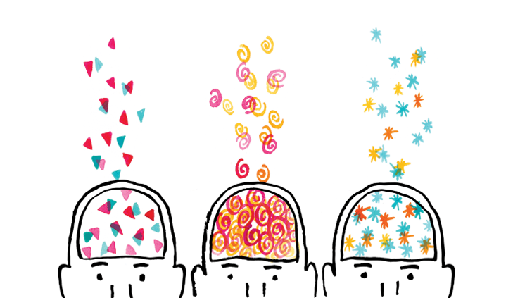 Illustration of three heads with triangles, swirls, and stars floating out of their heads.