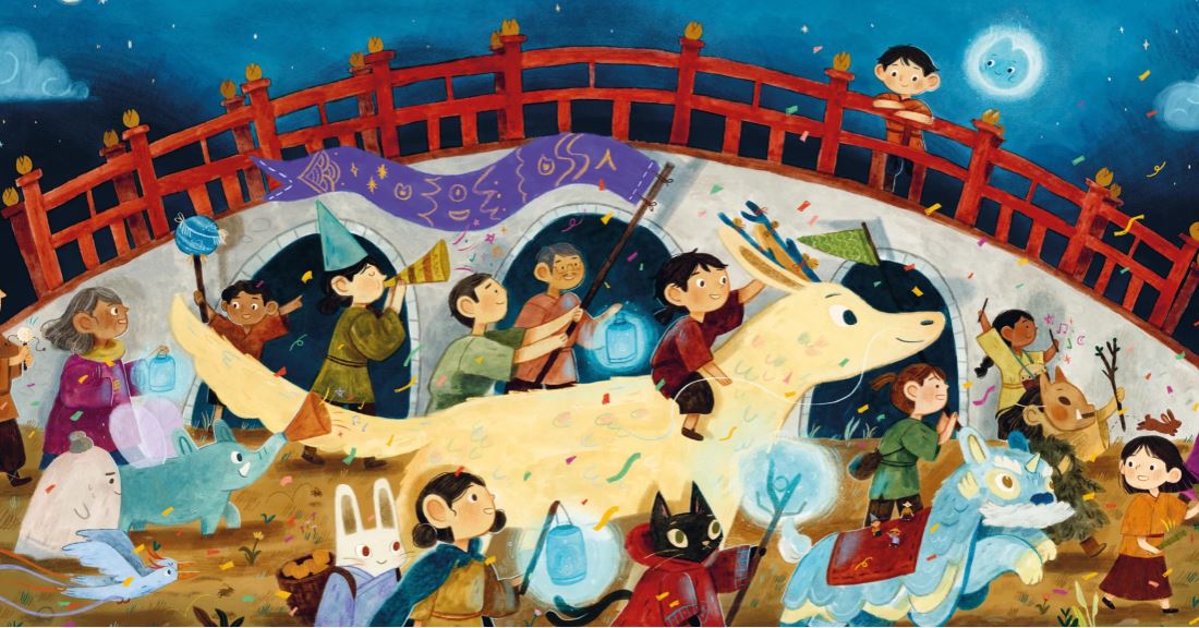 Illustration of a red bridge with children and animals running by