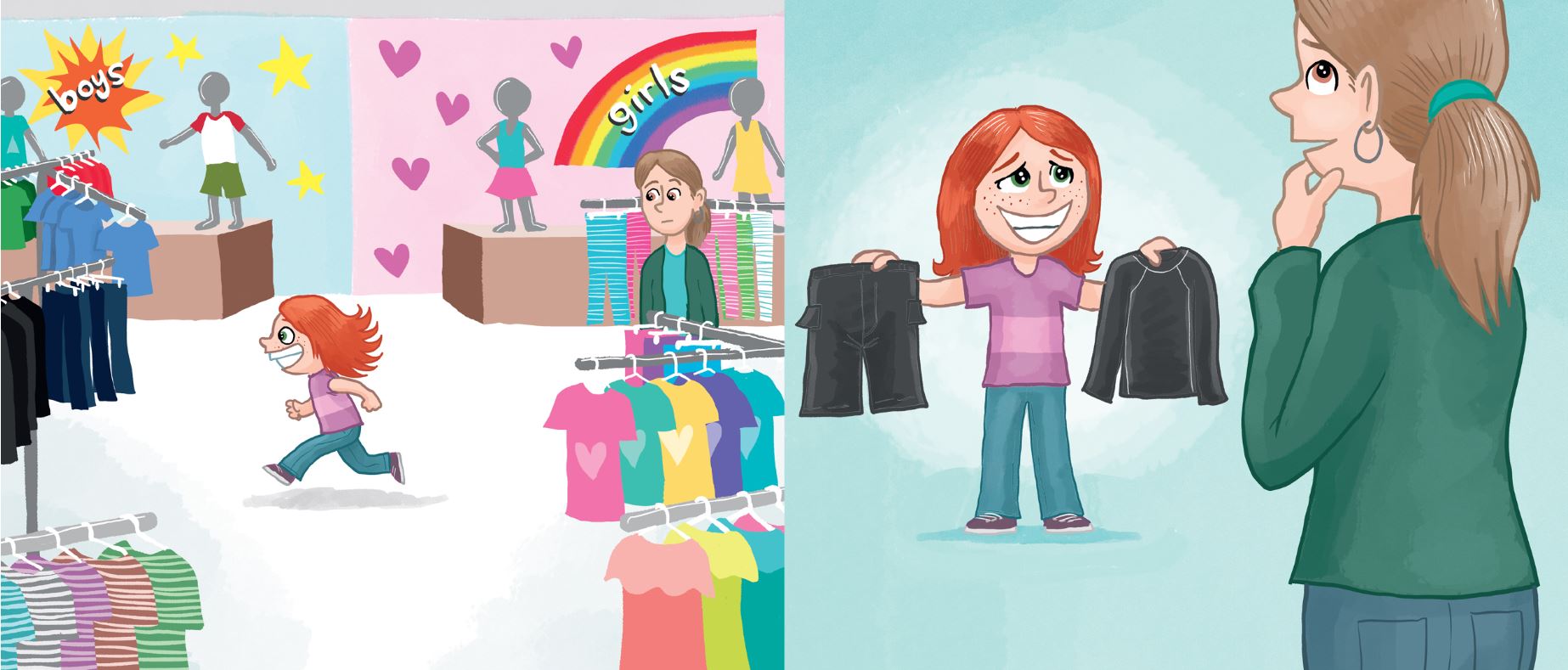 A split-panel illustration showing a girl imagining a rainbow and hearts while choosing between two outfits.