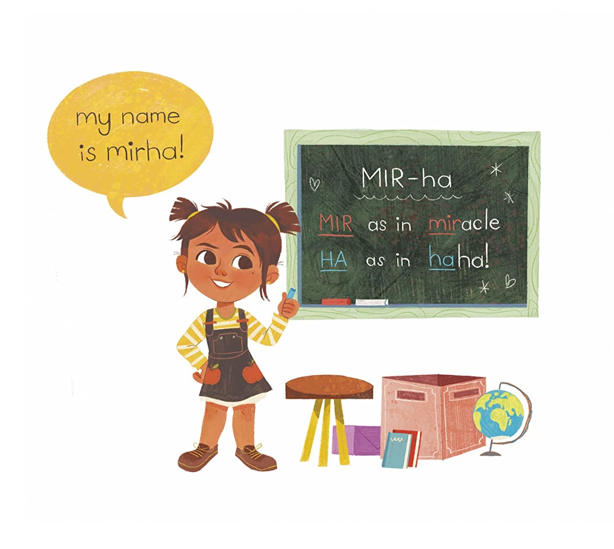 An illustration of a young girl standing by a chalkboard, with a speech bubble that says "My First School."