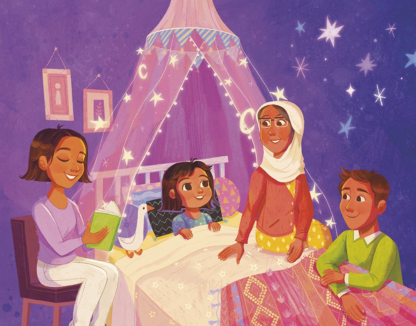 An illustration of a family reading a bedtime story together in a room with a canopy bed and magical stars.