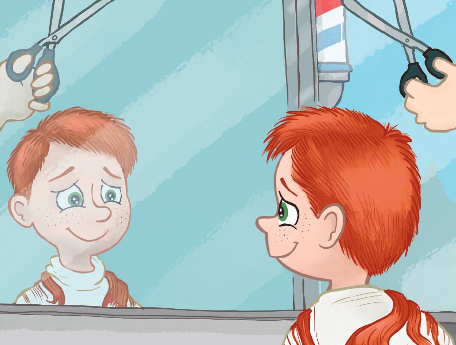 An illustration of a young boy with red hair looking into a mirror, smiling at his reflection while getting a haircut.