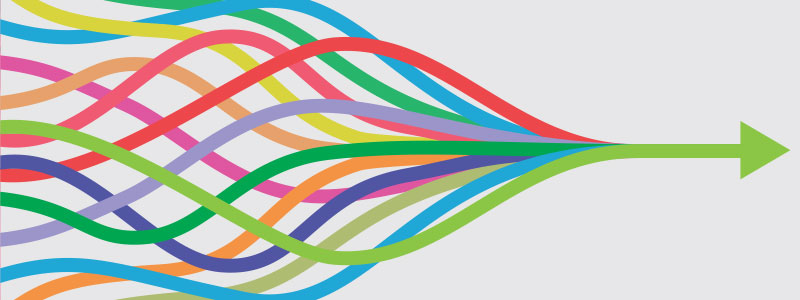 Rainbow color arrows join to form one green arrow