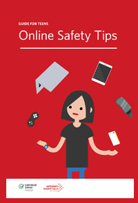 Illustration of a woman on a red background juggling books, iPads, phones, and other items.