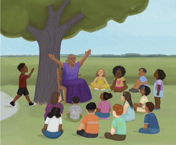 Illustration of elderly woman sitting under a tree surrounded by children.