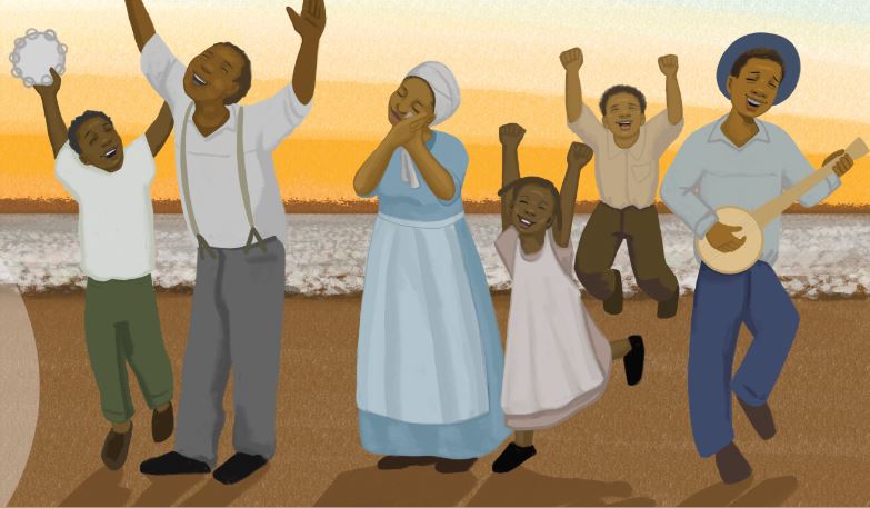 Illustration of a group of people celebrating with instruments.