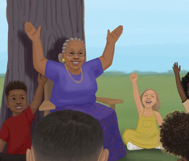Illustration of Opal Lee under a tree, sitting, with hands raised.