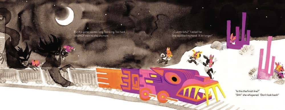 Stylized illustration of a large, dark creature and a smaller pink and orange creature moving across a white landscape with purple plants.