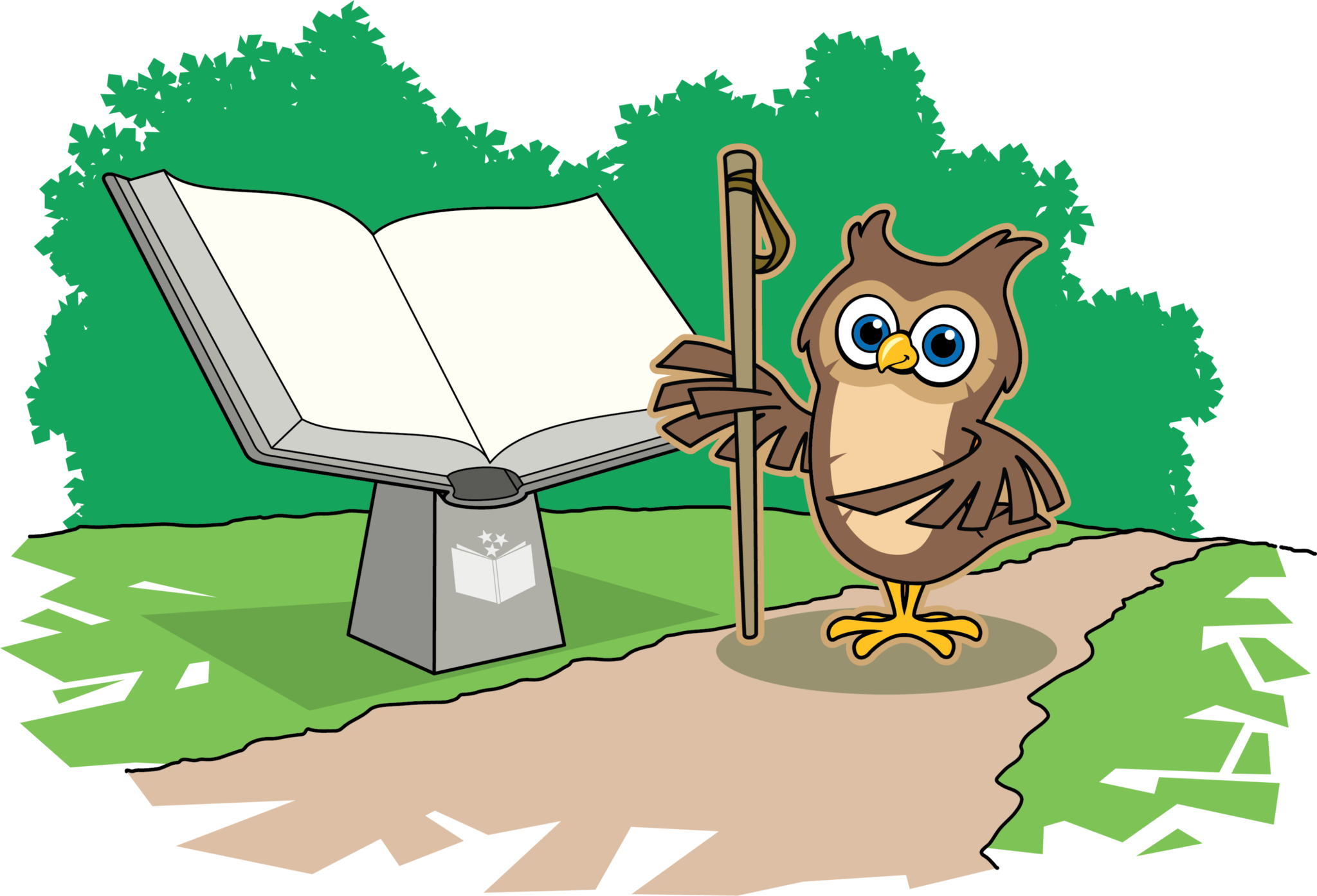 Cartoon of a brown owl holding a walking stick on a path next to a large, open book monument in a park setting.
