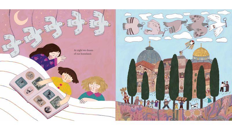 An open children's picture book showing two contrasting scenes. On the left, three children sleep under a crescent moon while looking at a photo album; on the right, a vibrant dream of a bustling homeland filled with people, cypress trees, and birds carrying keys.