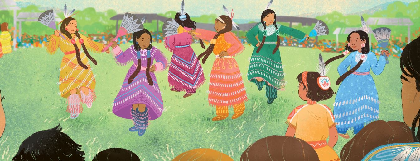 Drawing of native american women dancing with feathers