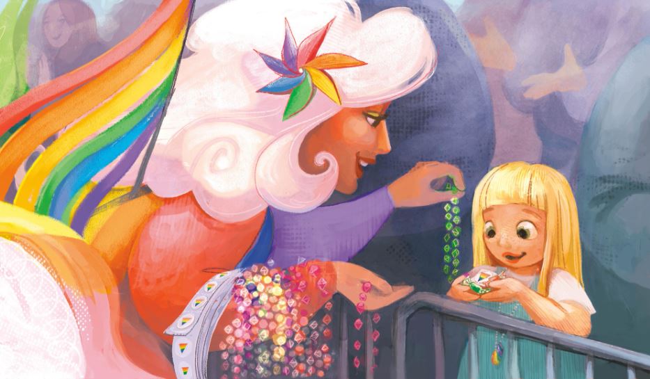 Drawing of a woman with white hair and wearing rainbow colors gives a green necklace to a small blonde girl