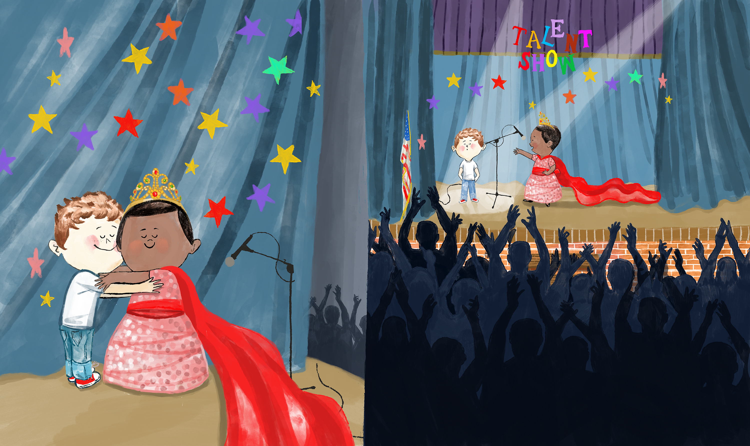 Drawing of two kids on stage at a talent show, one wears jeans and the other wears a dress