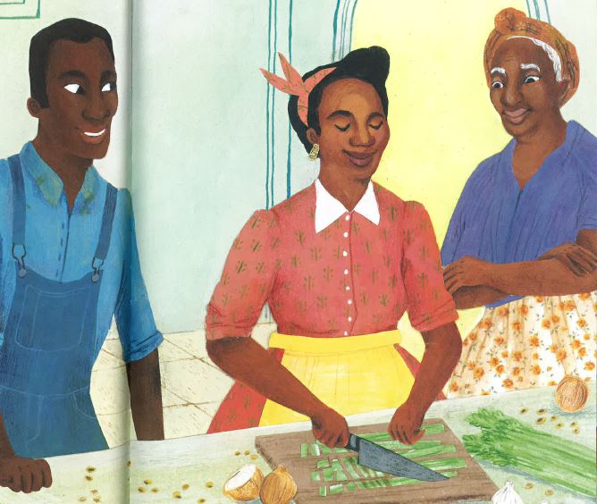 Drawing of a woman cooking with a man and woman nearby