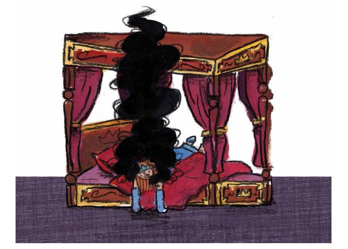 Drawing of a person laying in a canopy bed with fog over her head