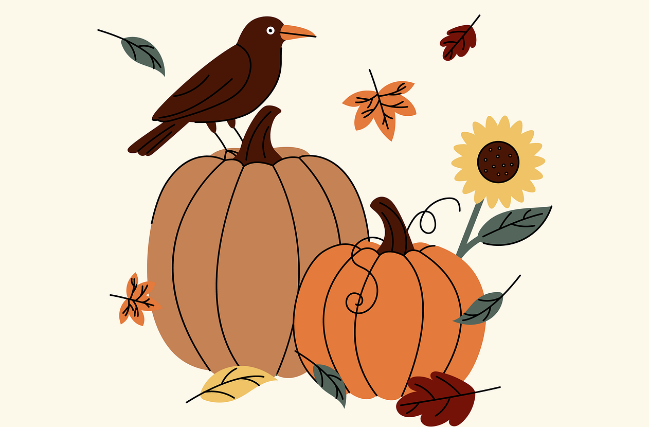 Illustration. Robin-sized brown bird standing on a pumkin.