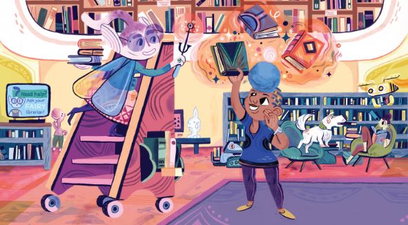 Drawing of a woman on a ladder sending books to a woman standing on the floor