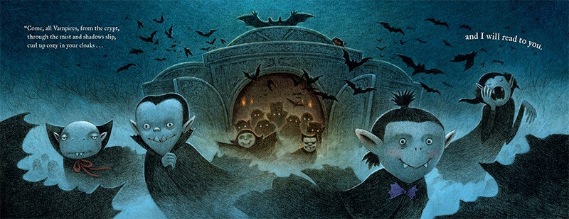 Illustration from a children's book showing vampires coming out of a crypt
