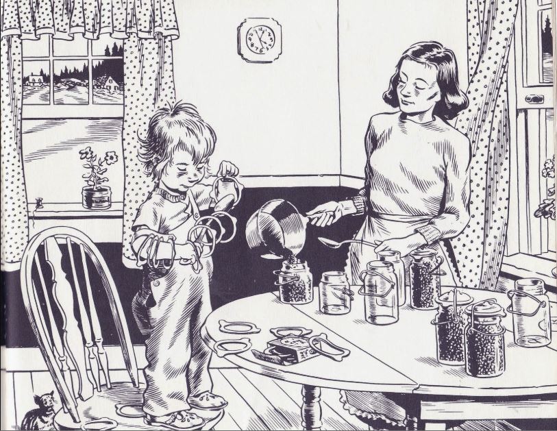 Illustration. Black and white. Kitchen scene. Woman baking. Child standing on chair.