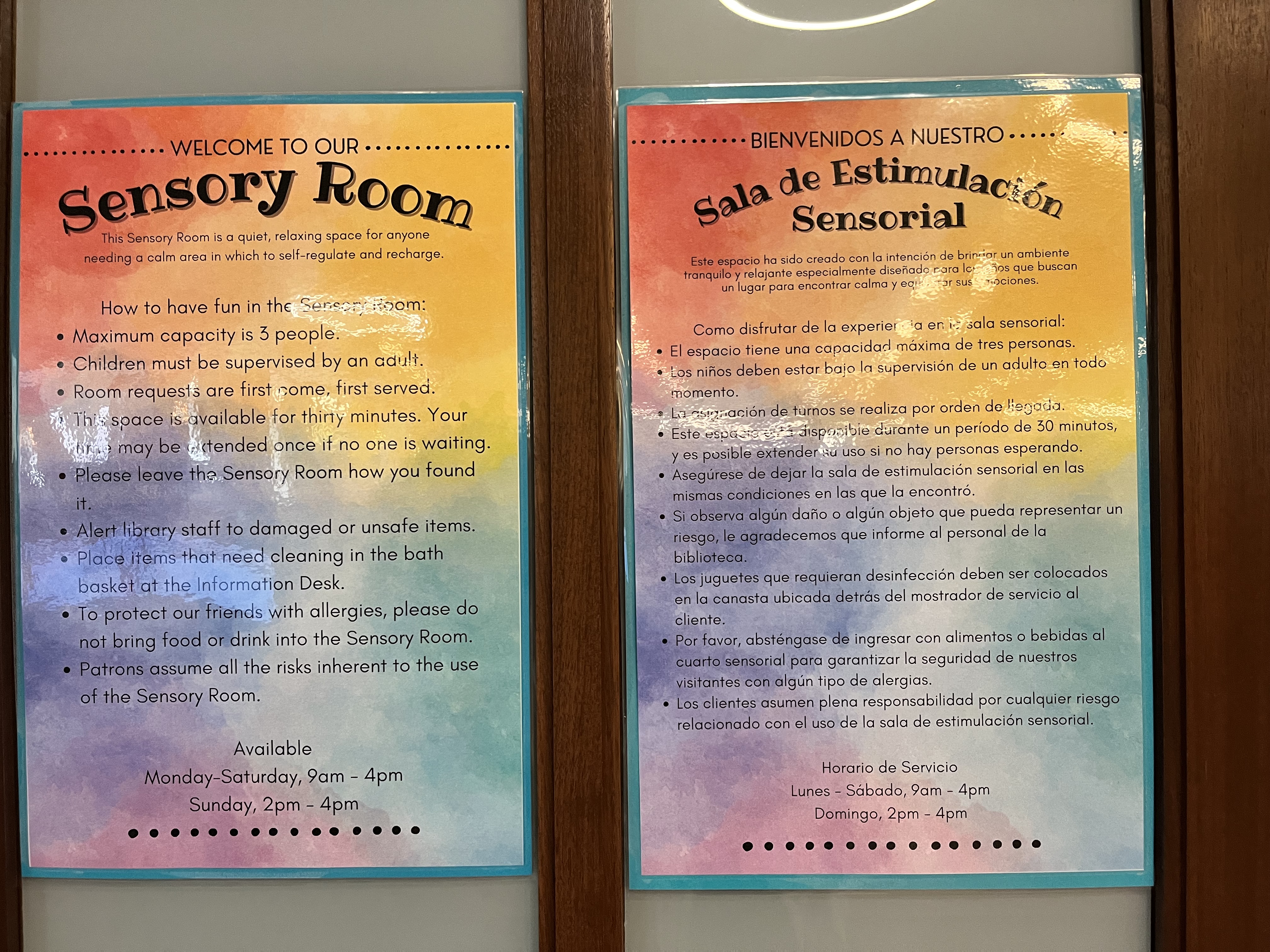 Posters and rules for the sensory room in the children's department at main