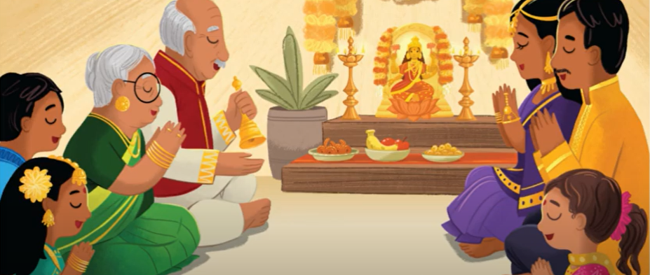 Illustration of a family sitting on the floor praying.