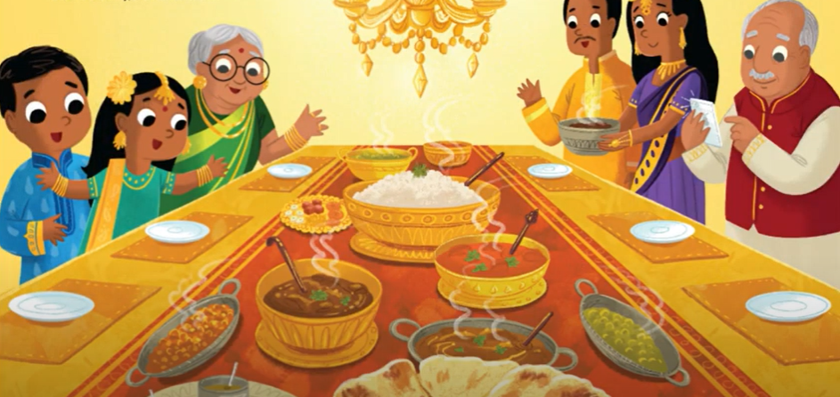 Illustration of a family around a table filled with rice and other dishes.